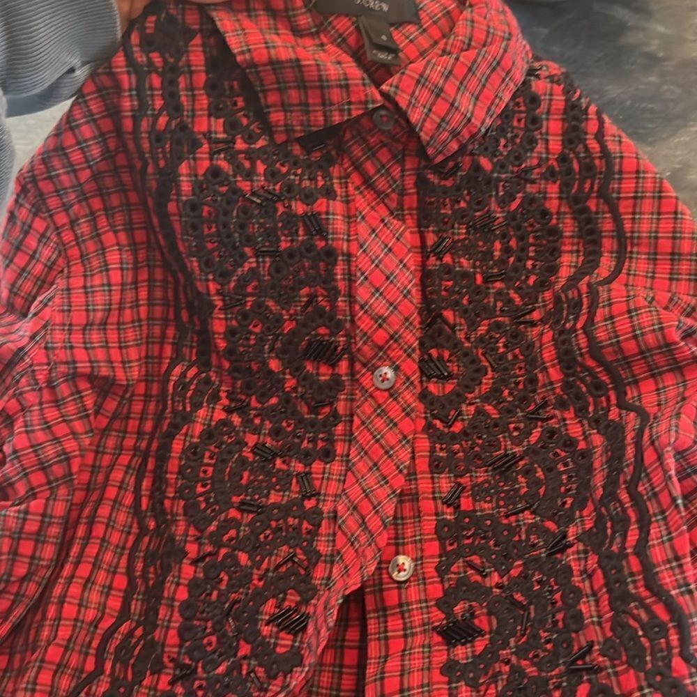 J.Crew Red Embellished Plaid Button Down - Picture 6 of 7